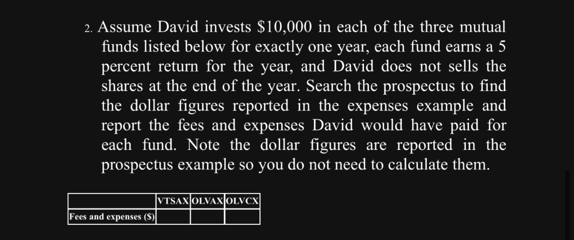  Assume David invests $10,000 in each of the three mutual funds