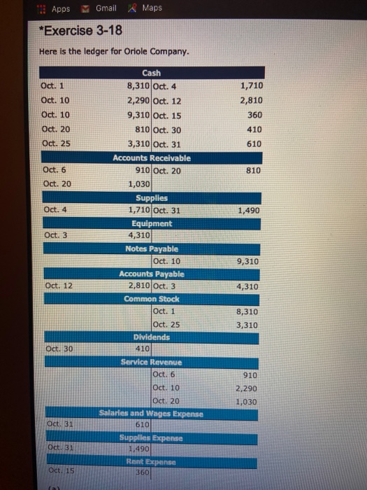  Apps Gmail Maps *Exercise 3-18 Here is the ledger for Oriole