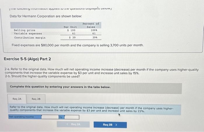 displayed below.] Data for Hermann Corporation are shown below: Fixed expenses are