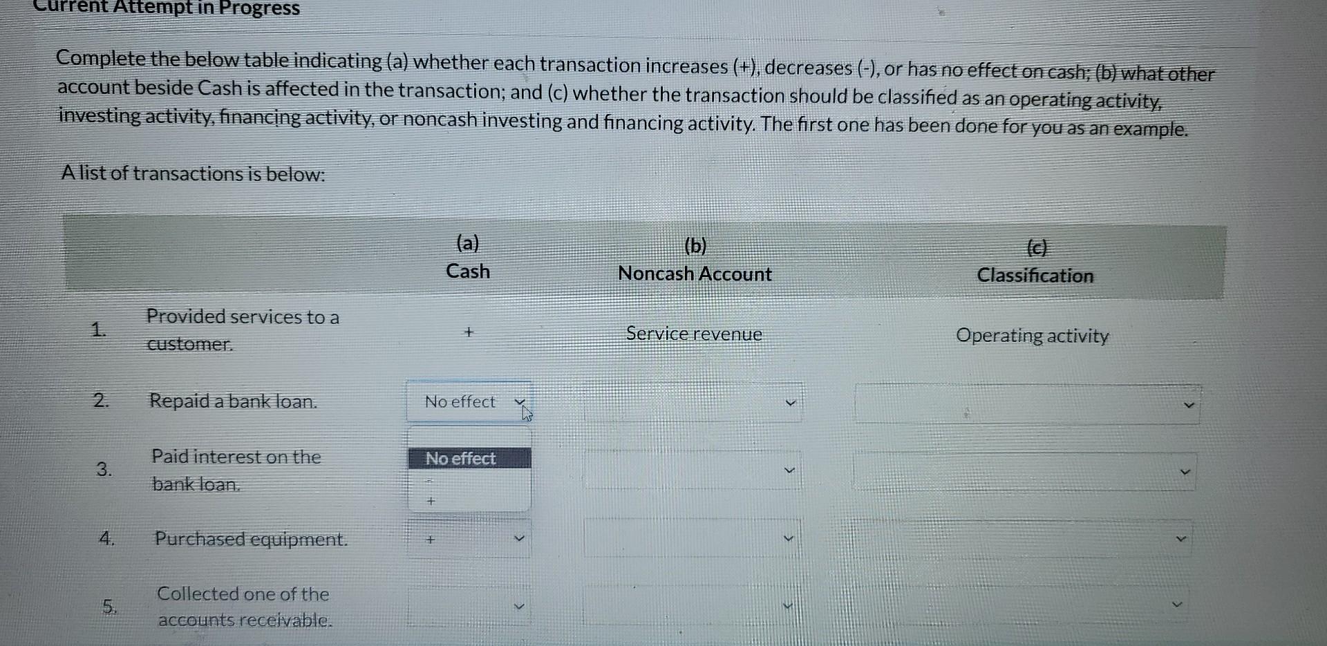 Complete the below table indicating (a) whether each transaction increases (t),