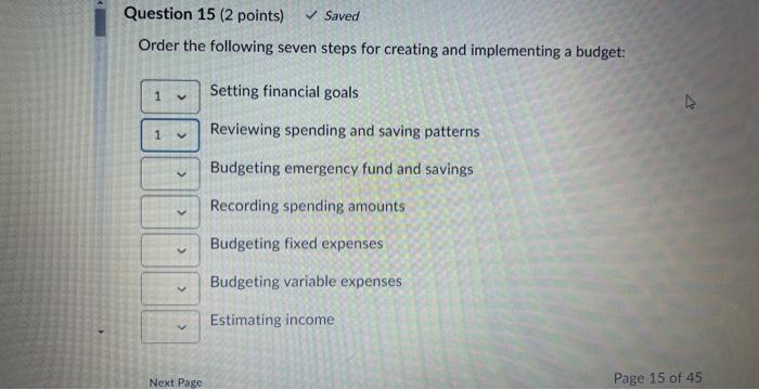  Order the following seven steps for creating and implementing a budget: