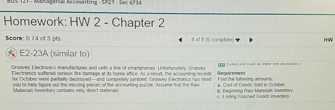  Managerial Accounting - S-21-Sec 6754 Homework: HW 2 - Chapter 2