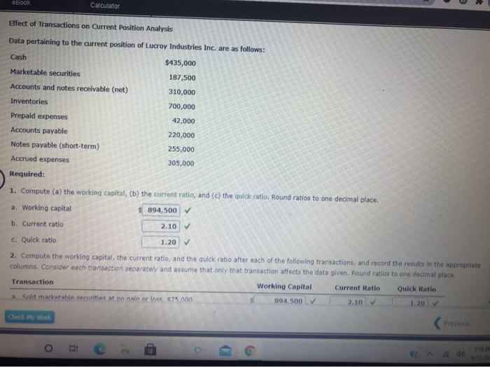  eBook Calculator Effect of Transactions on Current Position Analysis Data pertaining