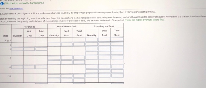 view the transactions) Read the requirements Determine the cost of goods sold