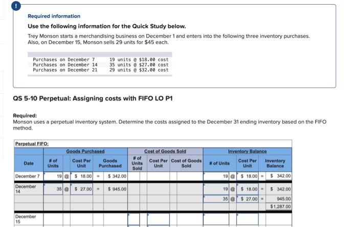  Required information Use the following information for the Quick Study below.