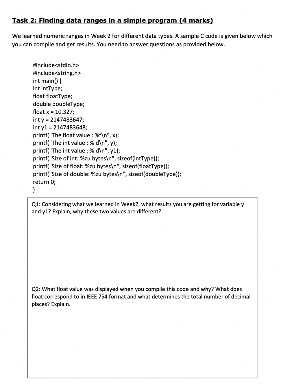 Task 2: Finding data ranges in a simple program (4 marks)
