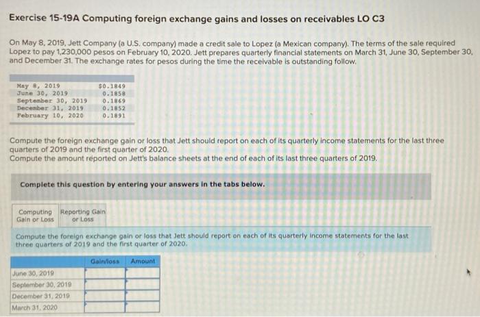  Exercise 15-19A Computing foreign exchange gains and losses on receivables LO