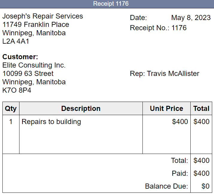 Place Winnipeg, Manitoba L2A 4A1 Customer: Elite Consulting Inc. 1009963 Street Winnipeg,