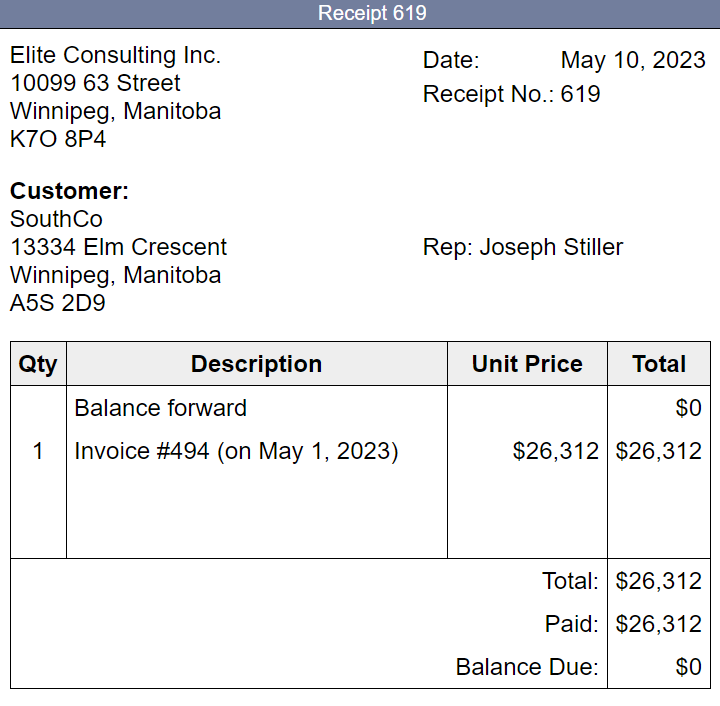 Manitoba K7O 8P4 Date: May 8, 2023 Receipt No.: 1176 Rep: Travis