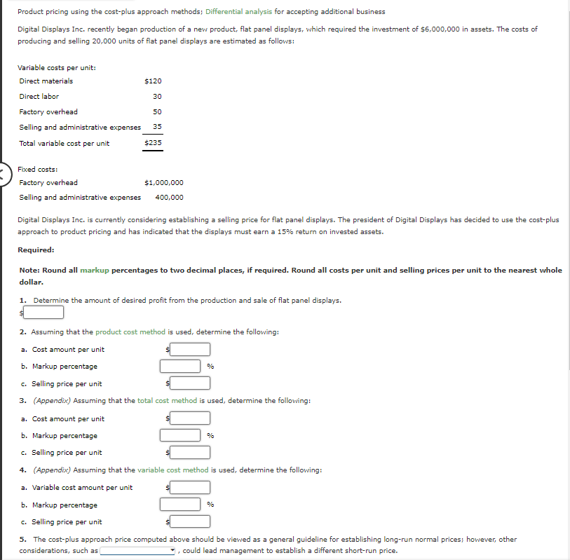  Product pricing using the cost-plus approach methods; Differential analysis for accepting