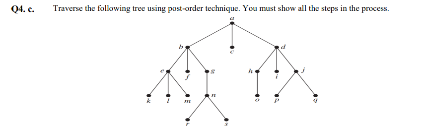  Q4. c. Traverse the following tree using post-order technique. You must
