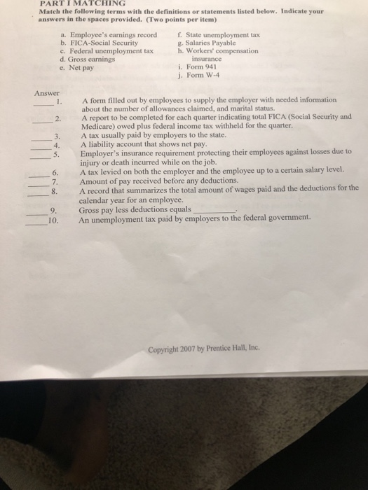  PART IMATCHING Match the following terms with the definitions or statements