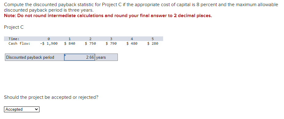  Compute the discounted payback statistic for Project C if the appropriate