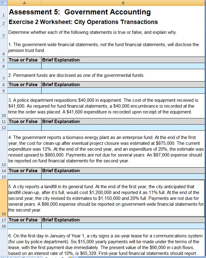 I need help completing this assignment, thank you! Assessment 5: Government Accounting