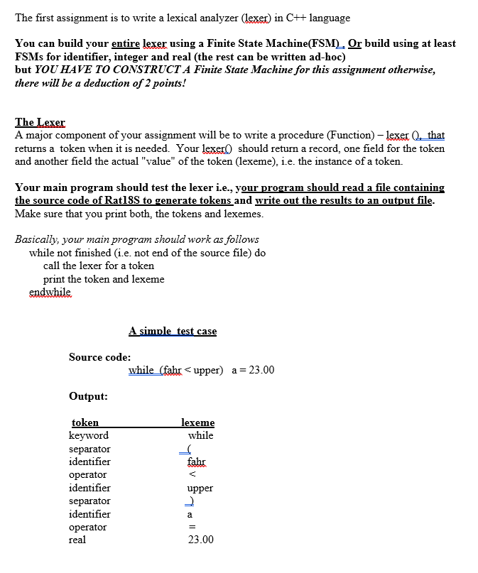  The first assignment is to write a lexical analyzer (lexer) in