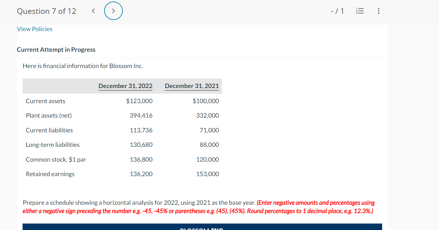  Current Attempt in Progress Here is financial information for Blossom Inc.