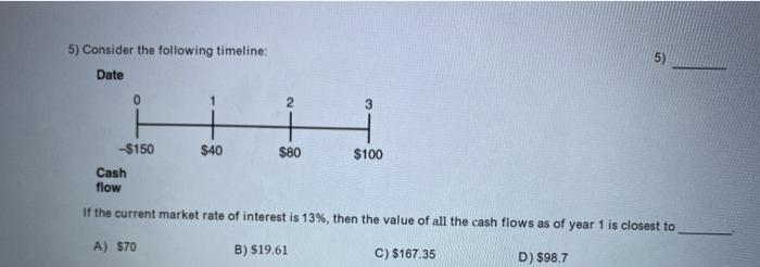  5) Consider the following timeline: 5) Date 0 2 -$150 $40