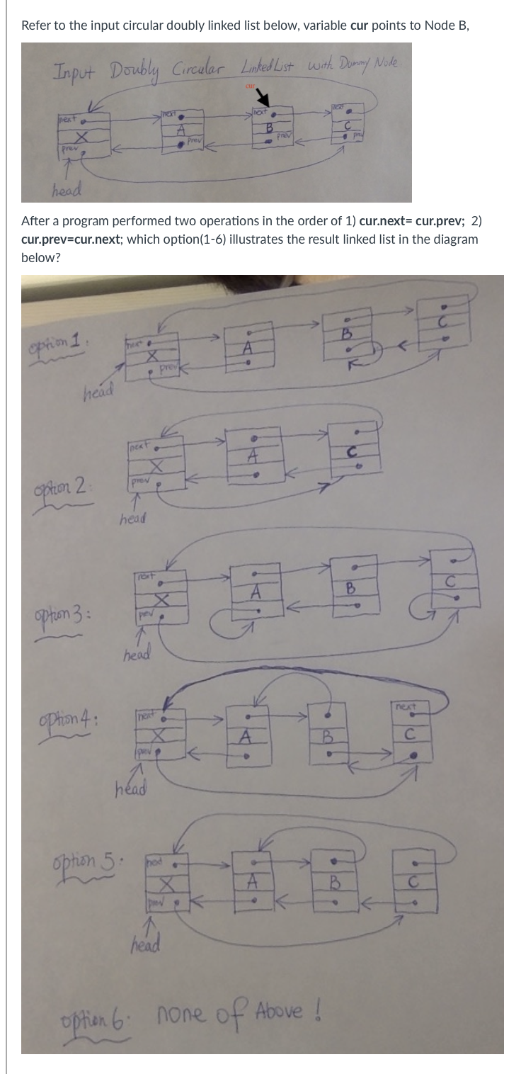  Refer to the input circular doubly linked list below, variable cur