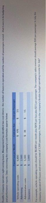  Bustillo Company operates sightseeing buses. Management has identified two cost drivers