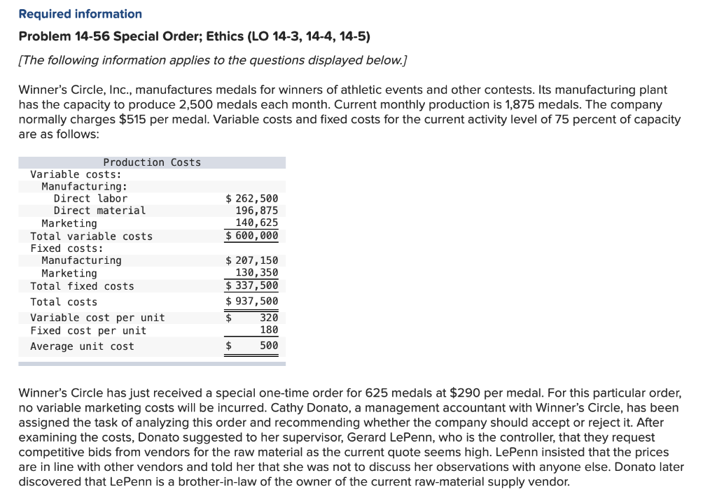 plea2A only, please. Required information Problem 14-56 Special Order; Ethics (LO 14-3,