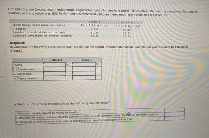 please help asap Consider the two (excess return) index-model regression results for
