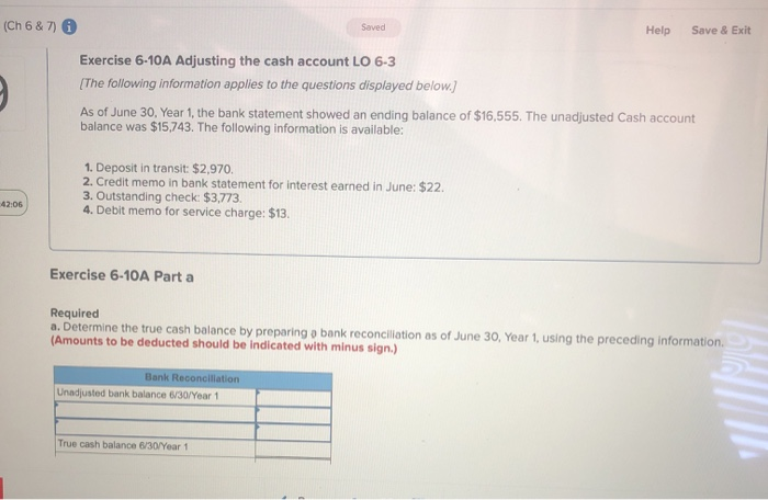  (Ch 6 & 7) Saved Help Save & Exit Exercise 6-10A