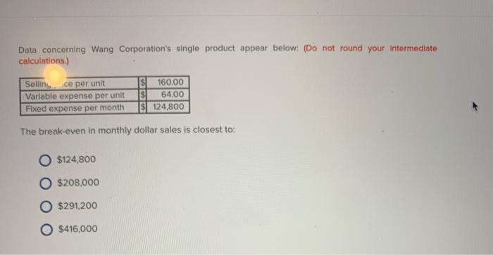 Data concerning Wang Corporation's single product appear below: (Do not round
