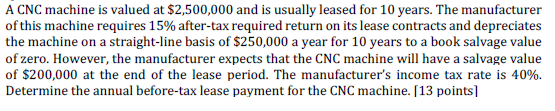  A CNC machine is valued at $2,500,000 and is usually leased