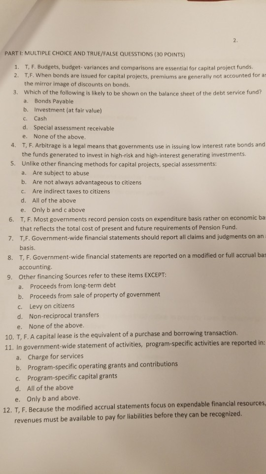  2. PART I: MULTIPLE CHOICE AND TRUE/FALSE QUESSTIONS (30 POINTS) T,