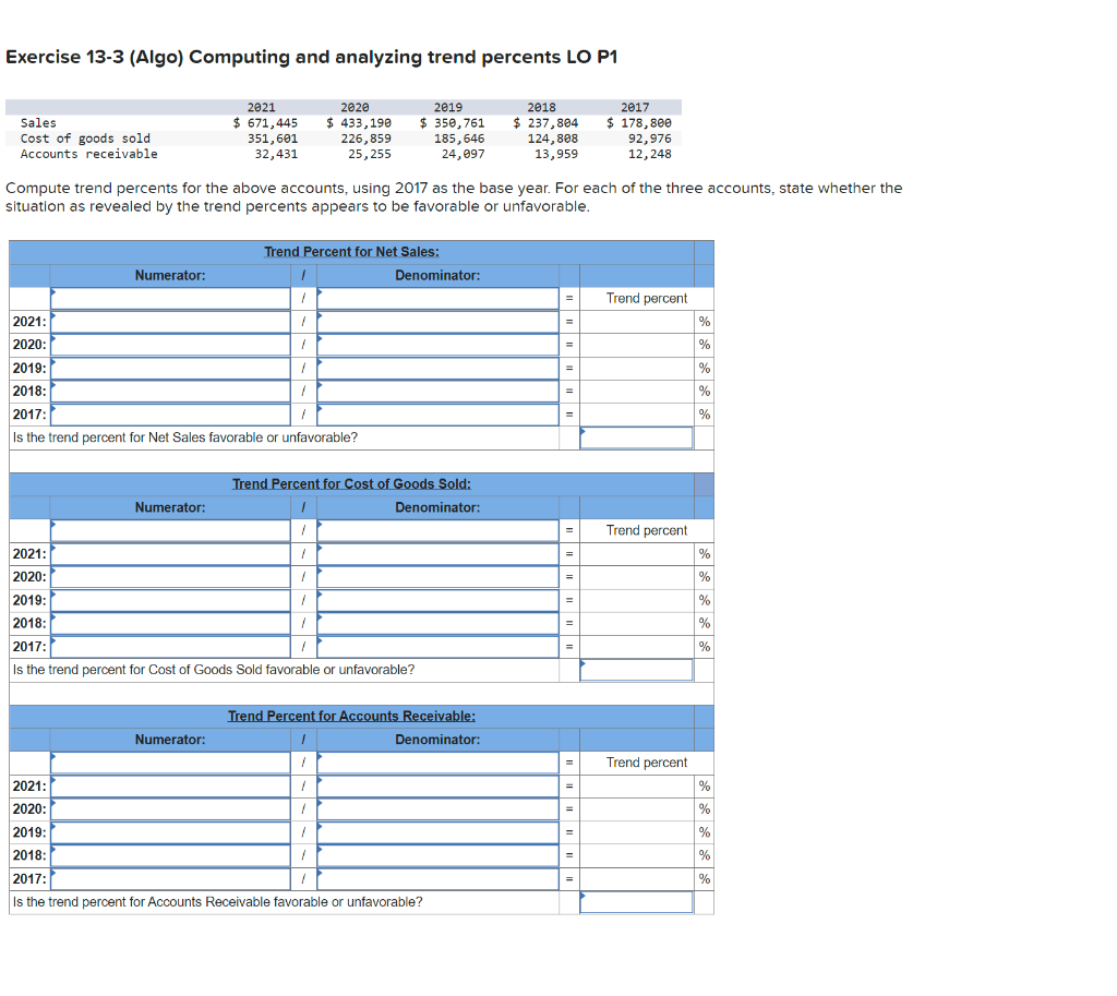  Exercise 13-3 (Algo) Computing and analyzing trend percents LO P1 Sales