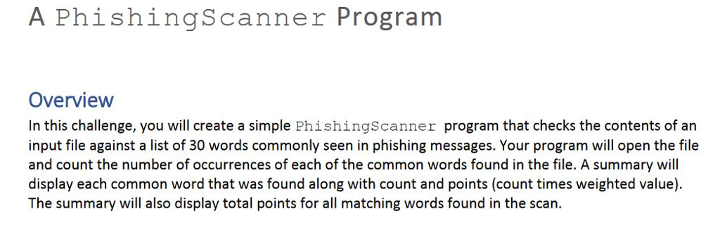 Please help! Language : Java A PhishingScanner Program Overview In this challenge,