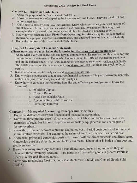  Accounting 2302 - Review for Final Exam Chapter 12- Reporting Cash