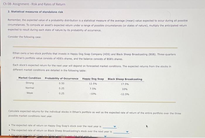  2. Statistical measures of standalone risk Remember, the expected value of