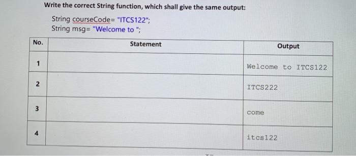  Write the correct String function, which shall give the same output: