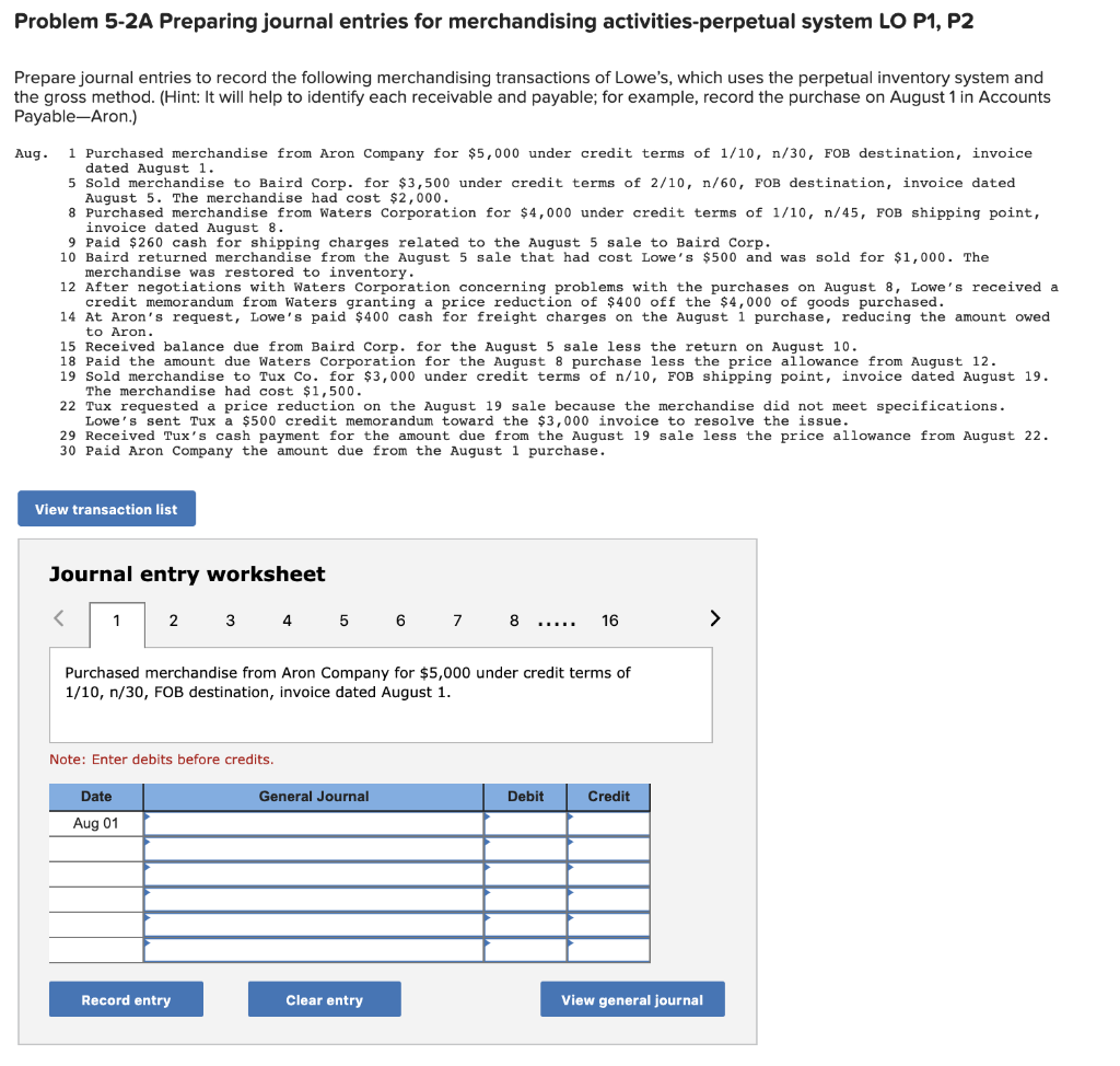 Problem 5-2A Preparing journal entries for merchandising activities-perpetual system LO P1, P2