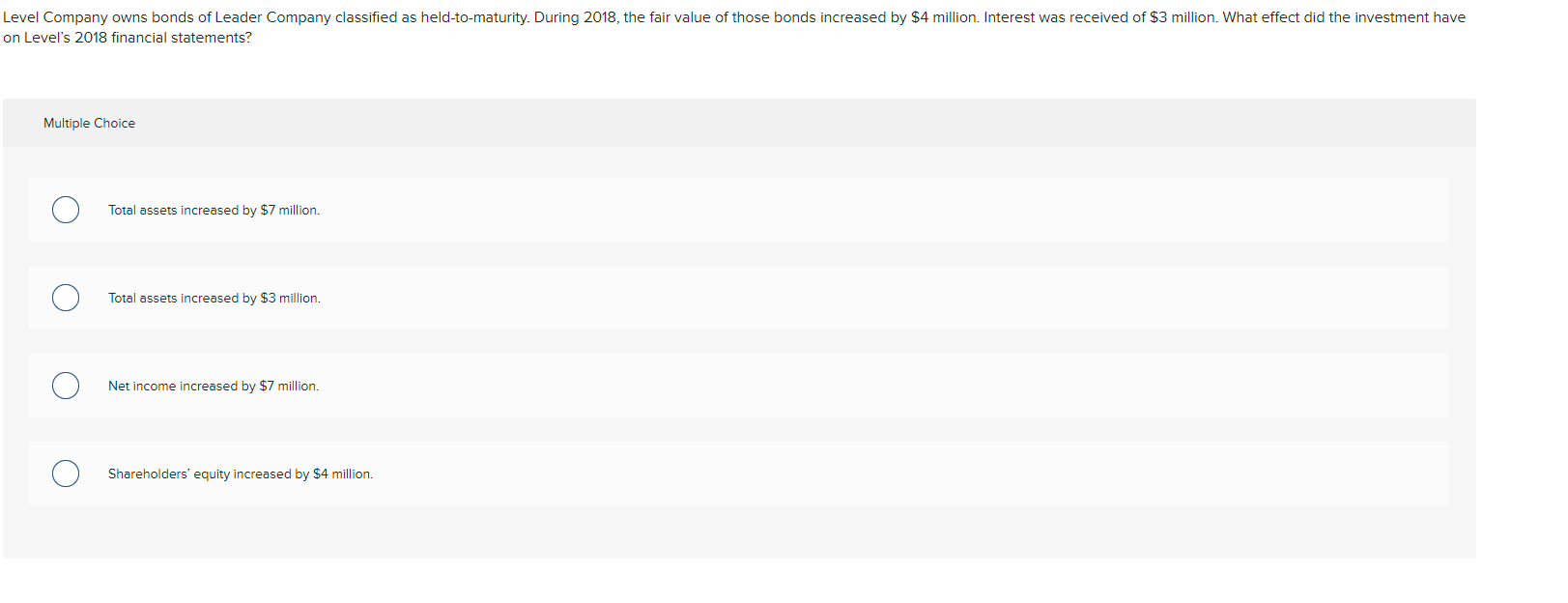  Level's 2018 financial statements? Multiple Choice Total assets increased by $7