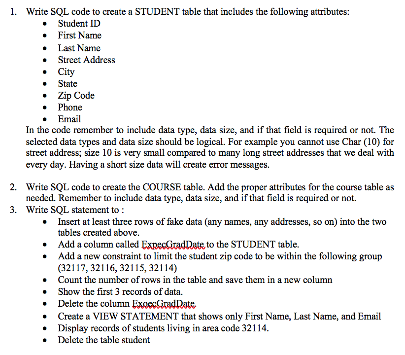 Write SQL code to create a STUDENT table that includes the following