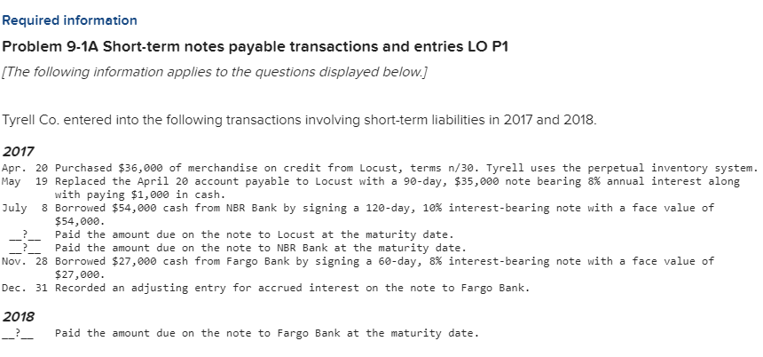 Required information Problem 9-1A Short-term notes payable transactions and entries LO