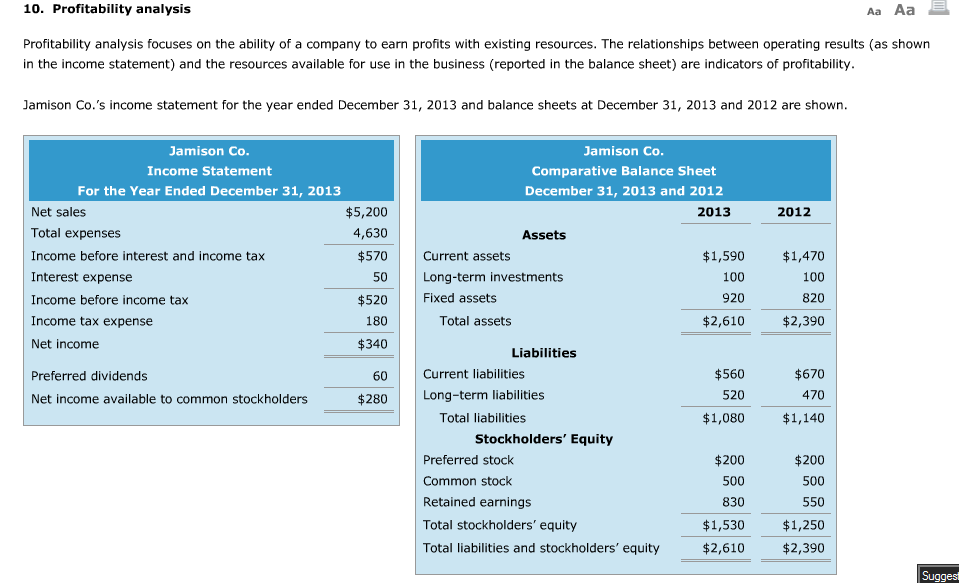 Aa Aa E 10. Profitability analysis Profitability analysis focuses on the