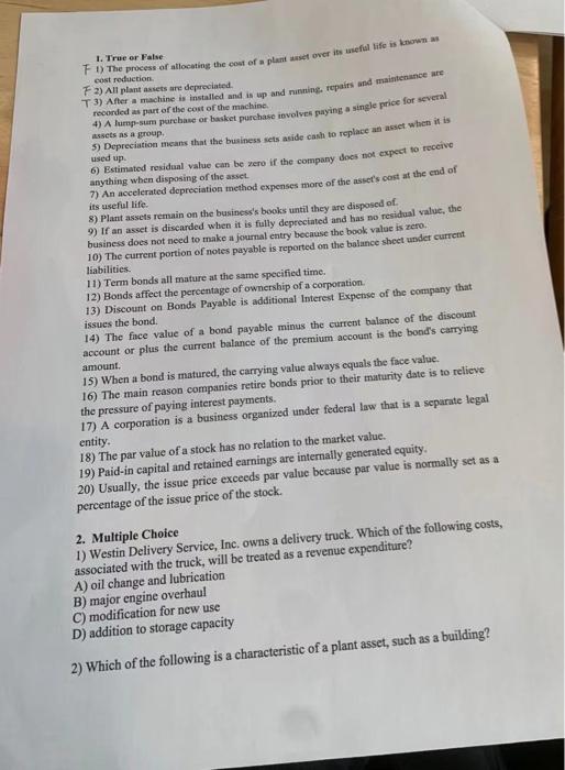  1. True or False sets as a group used up Fo.