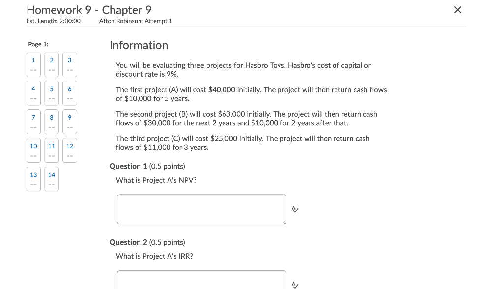 Homework 9 - Chapter 9 Est. Length: 2:00:00 Afton Robinson: Attempt