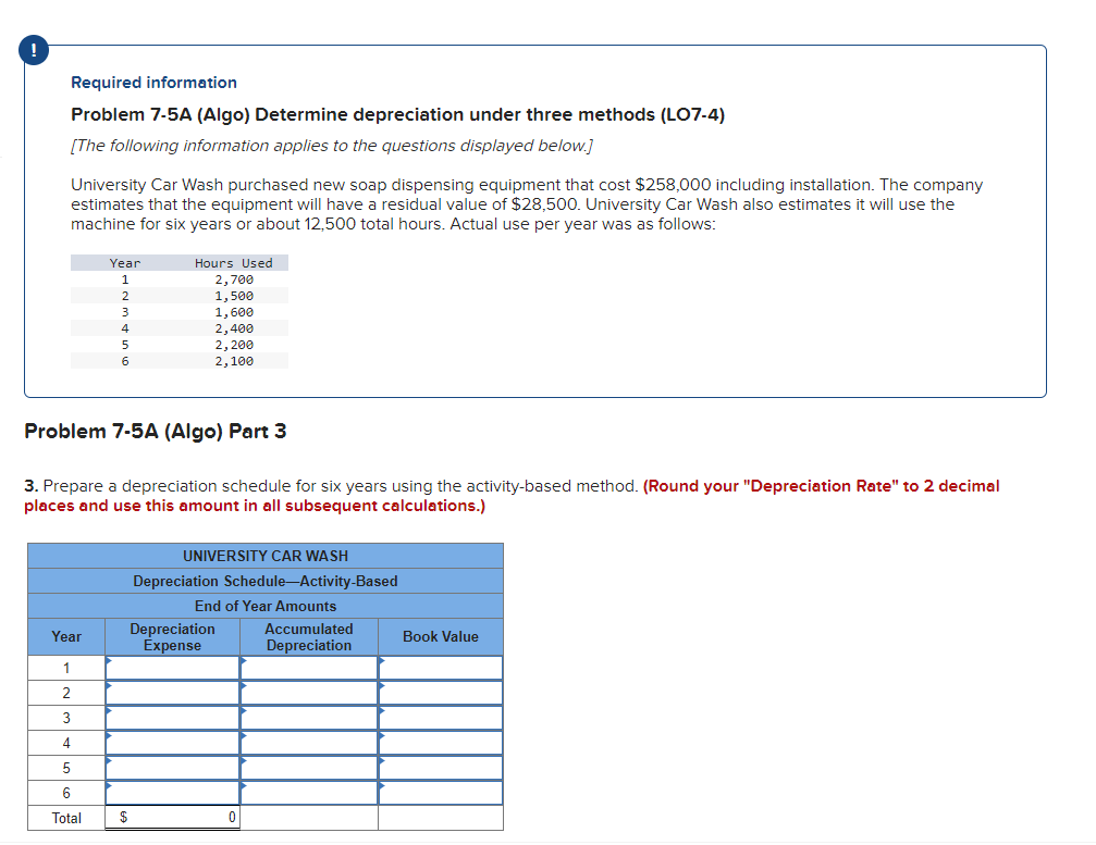  Required information Problem 7-5A (Algo) Determine depreciation under three methods (LO7-4)