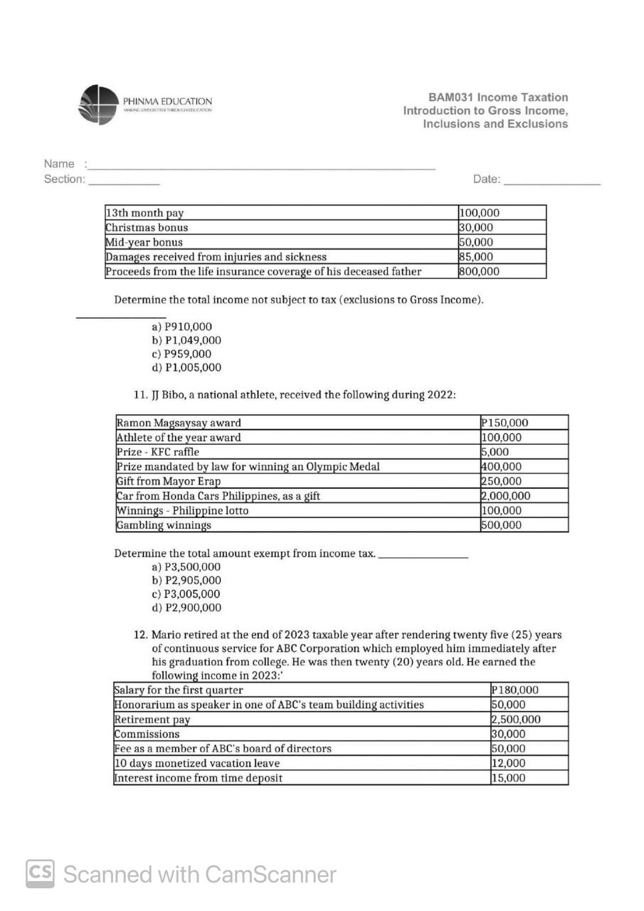 2023? a) P940,000 b) P500,000 c) P1,240,000 d) P440,000 6. Tris leased