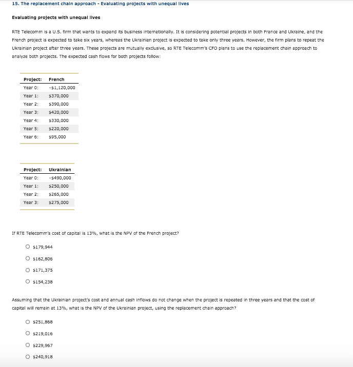  15. The replacement chain approach - Evaluating projects with unequal lives