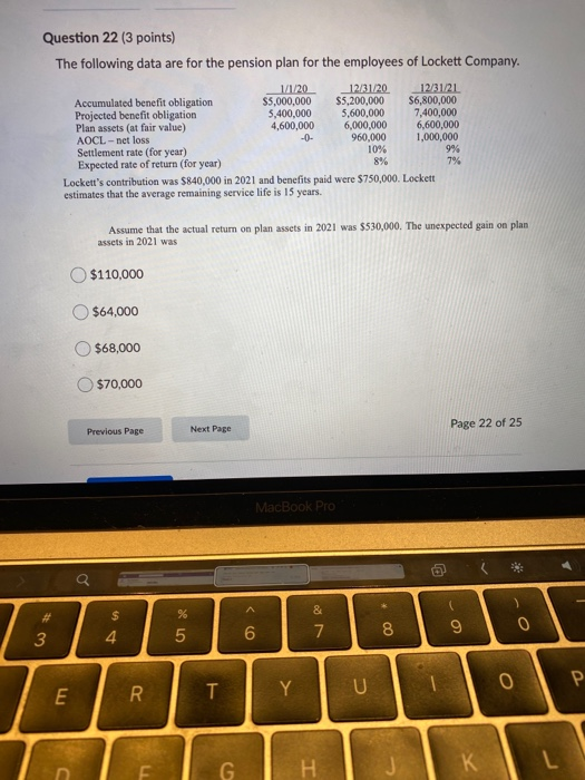  Question 22 (3 points) The following data are for the pension