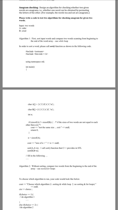  Anagram checking Design an algorithm for checking whether two pivern words