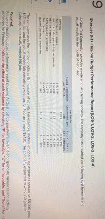  9 Exercise 9-17 Flexible Budget Performance Report (LO9-1, LO9-2, LO9-3, LO9-4)