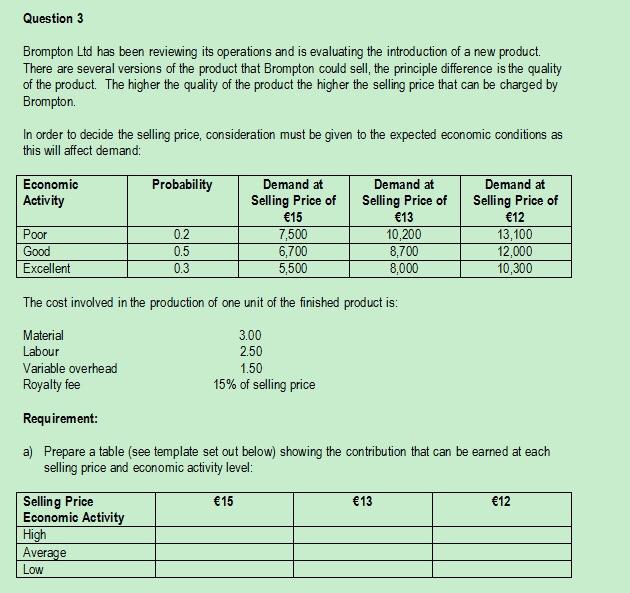  Question 3 Brompton Ltd has been reviewing its operations and is