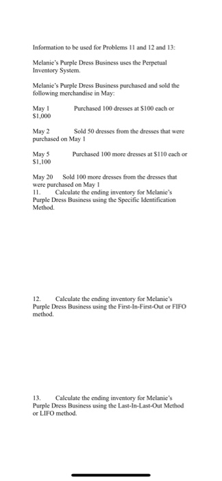  Information to be used for Problems 11 and 12 and 13: