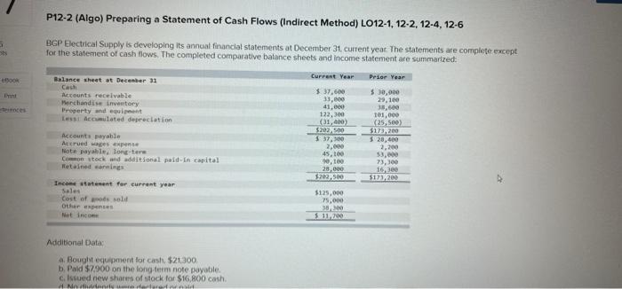 Please help ASAP please! P12-2 (Algo) Preparing a Statement of Cash Flows